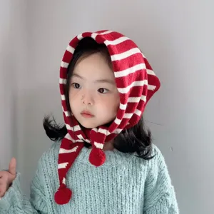 Kids red white striped knit hood scarf winter warm children stylish bib cute apparel