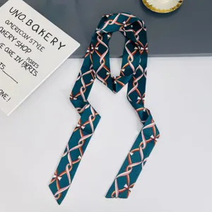 Detail of Korean style spring summer thin decorative ribbon silk scarf, chic hair accessory.