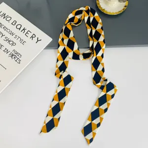 Korean style geometric print thin ribbon scarf, versatile silk twilly for decoration use.