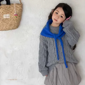 Children's knitted sweater and blue scarf set, Korean style cute fall kids daily wear.