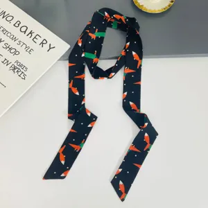 Chic narrow silk scarf with cute fox print, versatile ribbon for hair, neck, or bag styling.