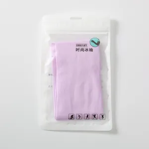 Light purple cooling arm sleeves in transparent pouch, breathable sun protection for sports.