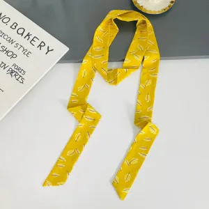 Yellow feather print long silk ribbon scarf, chic hair band and neck wrap for women.