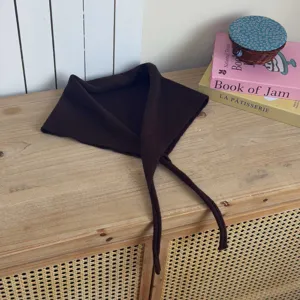 Brown knitted triangular scarf with ties, cozy winter neck warmer and stylish shawl.