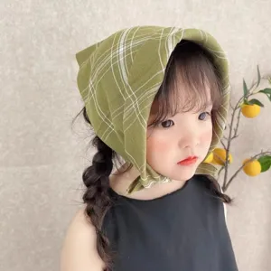 Baby green plaid headscarf detail view, cute toddler cotton decorative neck warmer.