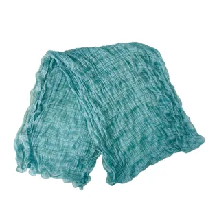 Blue-green crinkled gauze scarf, breathable cotton linen shawl for women summer wear.