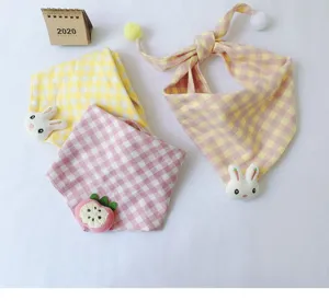 Cotton plaid baby bib scarf with cute cartoon plush animal decoration for spring season