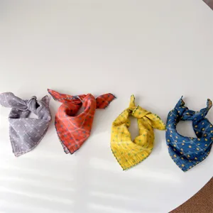 Spring baby plaid cotton neck scarf, cute toddler square bibs for boys and girls, soft daily wear.