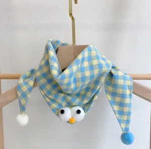 Baby spring cotton plaid scarf with cute cartoon eyes and pom poms, soft neck warmer.