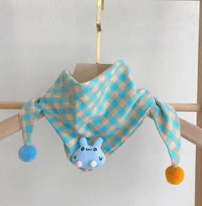 Cute baby cotton plaid scarf with plush rabbit and pom poms, autumn toddler neck bib.