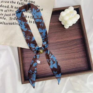 Retro blue brown floral skinny silk scarf with beaded ring, vintage neckerchief for women.