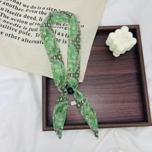 Vintage floral skinny silk scarf with bead decoration, elegant long neckerchief for women.
