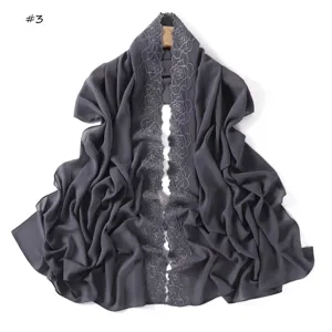 Women's dark grey chiffon scarf with elegant rose embroidery versatile shawl for spring autumn