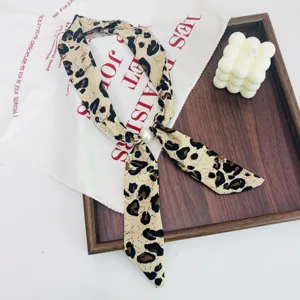 Leopard print skinny scarf with pearl ring retro chic necktie fashionable multiuse neckerchief