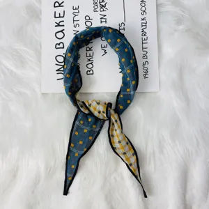 Children's plaid silk scarf, blue and yellow double-sided thin diamond neckerchief for kids