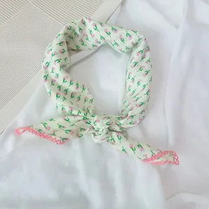 Floral print cotton square scarf, vintage retro style headband and neckerchief for women spring.