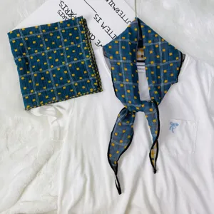 Korean style cotton square scarf and white t-shirt set, blue yellow plaid neckerchief.