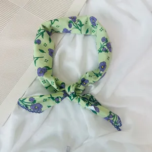 Green floral print square scarf detail, purple pansies, cotton fabric, vintage hair accessory.