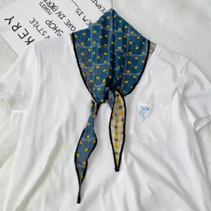 Korean style plaid cotton square scarf for kids, blue yellow checkered neck warmer detail.
