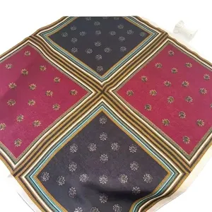 Korean retro printed silk square scarf, vintage geometric border neckerchief and shawl.
