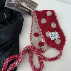 Korean style cute red white knit polka dot scarf with braided ties detail for winter