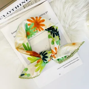 Floral print square scarf with crochet lace edge, lightweight soft neck scarf for women.