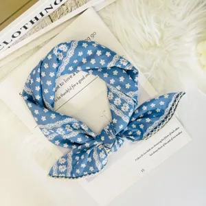 Korean style floral print small square scarf silk soft breathable neckerchief for women spring