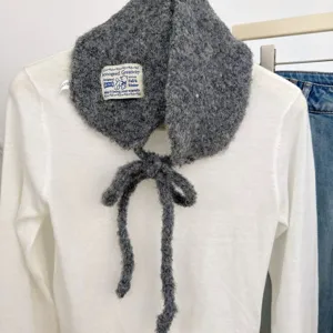Korean style cute tie-knit ear warmer scarf for women, cozy winter gray plush design.