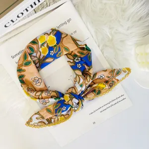 Floral print silk square scarf with delicate lace trim, soft breathable neckerchief accessory.