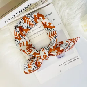 Fashion orange printed square scarf neckerchief with lace trim for women spring daily wear