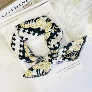 Stylish black and white patterned silk square scarf with gold details for women chic neckerchief.