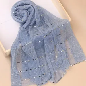 Blue pleated sequin scarf for women, elegant shimmering long hijab and fashion shawl.