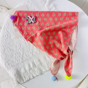 Kids autumn winter triangular scarf cute rabbit print baby bib with colorful pom poms decor