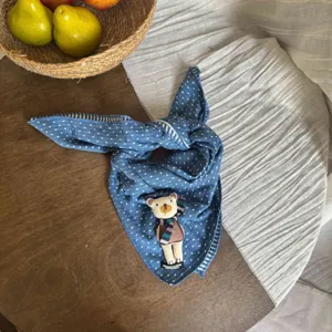 Children's cute polka dot triangle scarf with bear patch, soft and cozy cotton baby bib.
