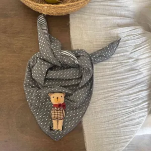 Children cute polka dot triangle scarf with plush bear decoration, soft baby winter warm bib.