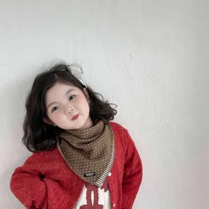 Kids polka dot scarf detail, stylish autumn winter warm baby bib, cute toddler daily wear.