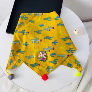 Kids yellow cactus print triangular scarf toddler cute bib with pom poms and bear decor