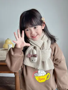 Cute knitted kids scarf with rabbit detail, soft warm winter neck warmer for girls.