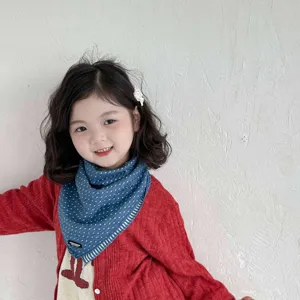 Kids blue polka dot triangle scarf detail, soft cotton baby bib for autumn and warm neckerchief.