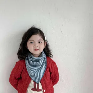 Kids blue and white striped triangle scarf, soft cotton baby bib for autumn and winter warmth.