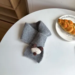 Bufanda cruzada de punto gris para niños con conejo lindo, calentador de cuello de invierno cálido.
