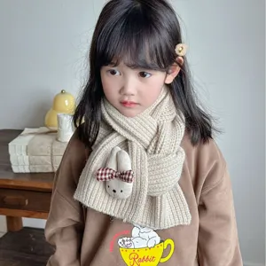 Kids winter warm knitted scarf with cute rabbit plush decoration, cozy daily wear style.