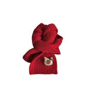 Kids winter warm knitted scarf cute plaid bear design soft cozy solid red neck warmer