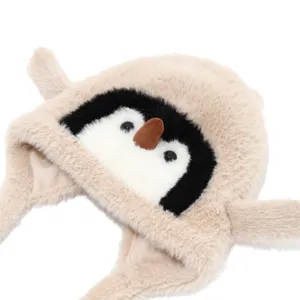 Simpatico cappello di peluche invernale a pinguino con paraorecchie per bambini, caldo.