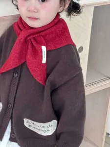 Kids knitted triangular scarf detail, warm winter baby neck warmer, soft woolen shawl bib.