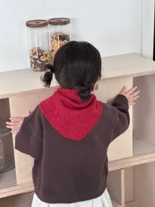 Kids winter warm triangular scarf, cozy knit baby neck warmer, fashionable red toddler bib.