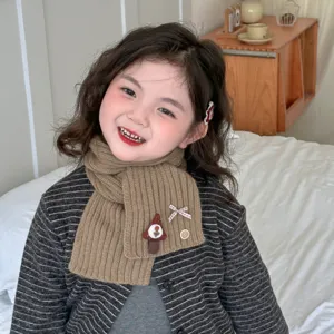 Kids brown knit scarf with cute mushroom patch, soft winter warm anti-wind neck warmer.