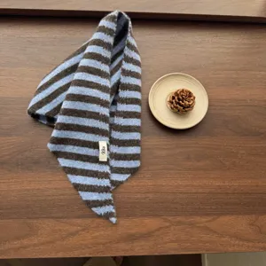 Children knit striped triangle scarf detail, blue and brown color block cute winter neck warmer.