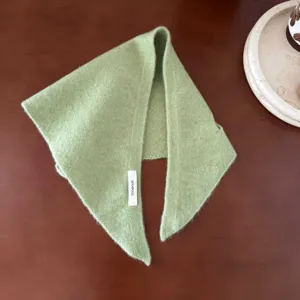 Kids green knit triangular scarf detail, soft warm wool blend winter neck warmer cozy bib.