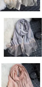 Exquisite details of lightweight silk scarf with golden edge, elegant long shawl for women.
